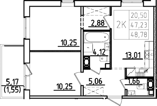 2-комнатная квартира 52.4 м², 8/9 эт., ЖК «IQ Гатчина 3»